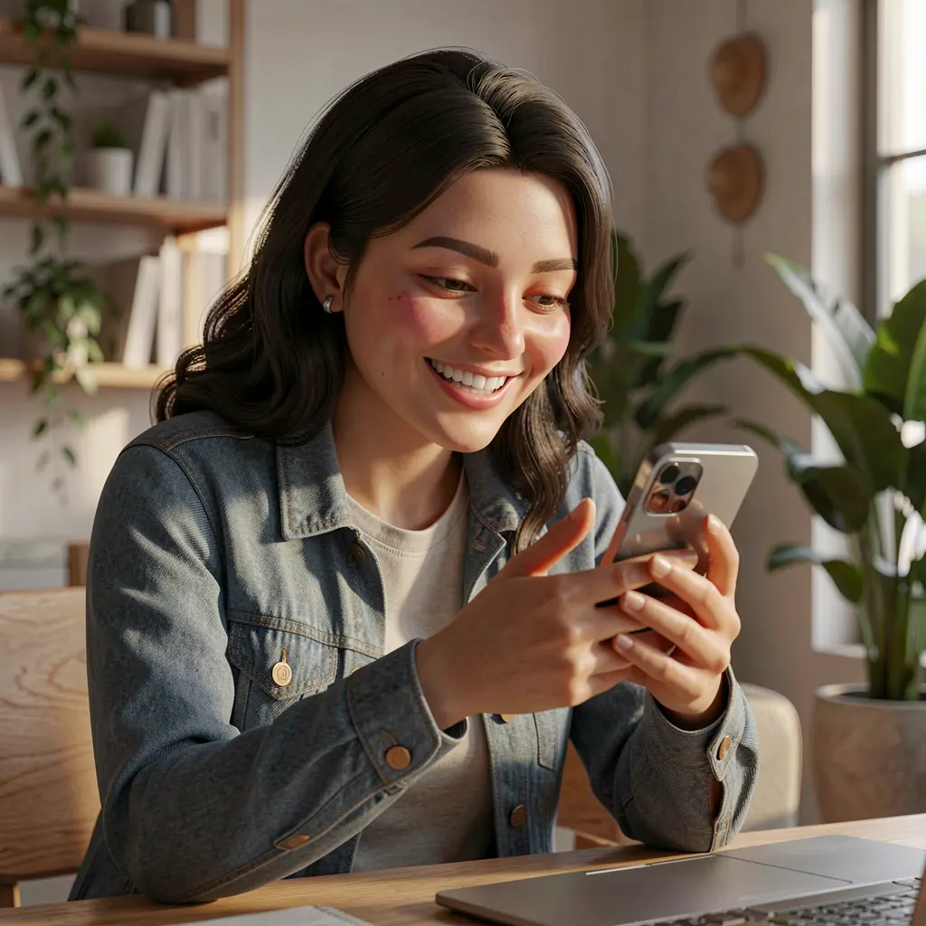 Stylish Bangladeshi woman smiling as she uses the 9M999 mobile casino app on her smartphone in a cinematic indoor scene