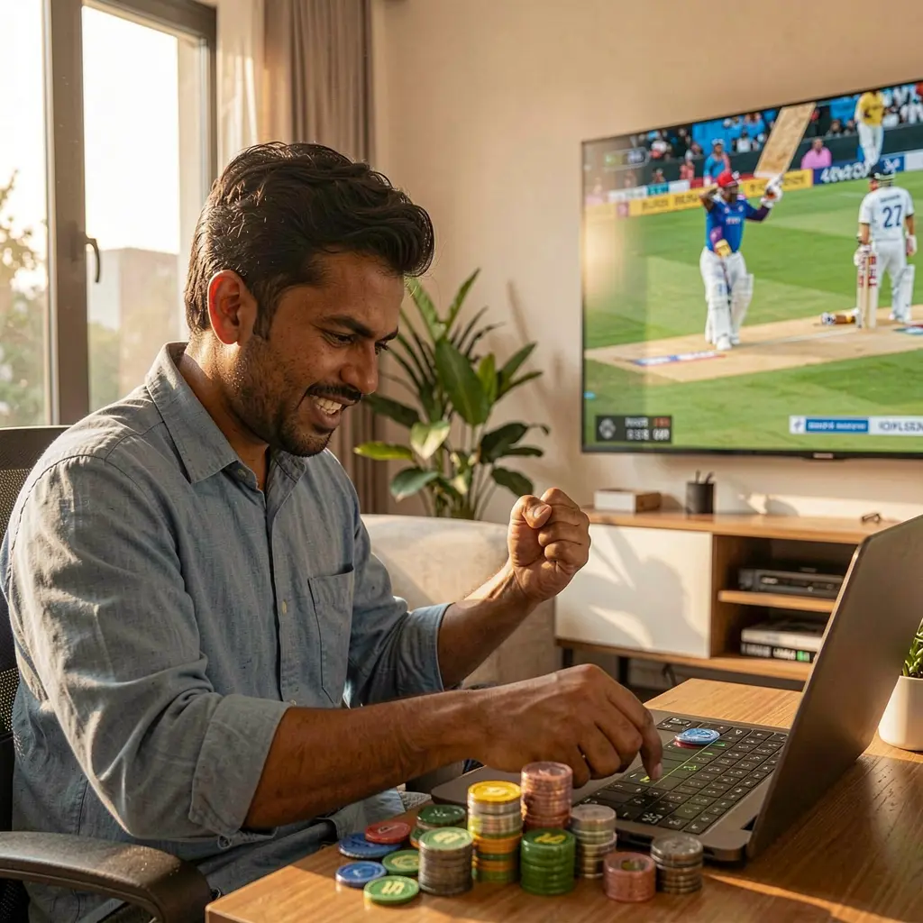 Happy Bangladeshi sports fan celebrating a winning bet placed on a laptop with 9M999 while watching a live cricket match at home