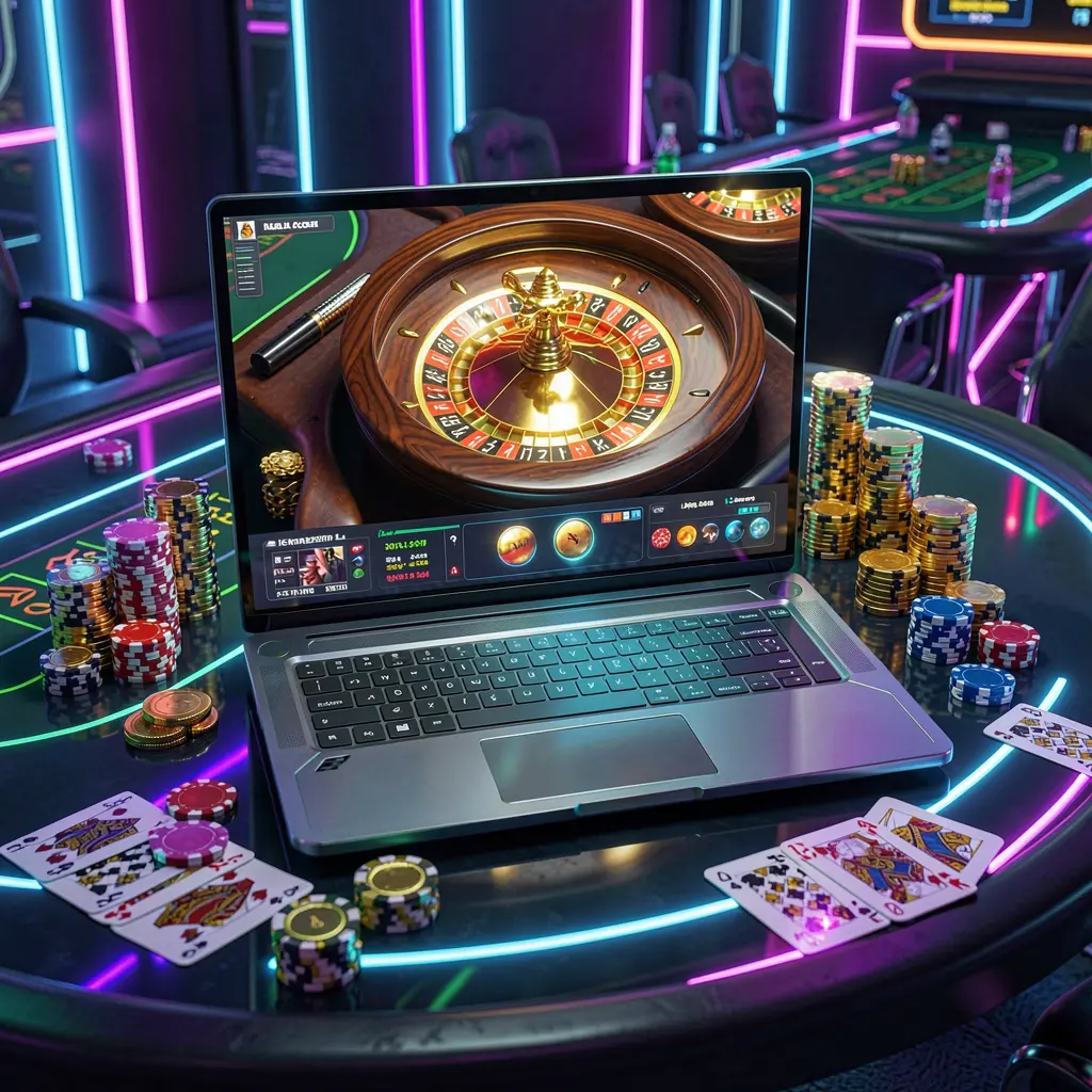 Futuristic online roulette game on a sleek laptop surrounded by gold coins and casino chips representing high stakes excitement at 9M999 casino