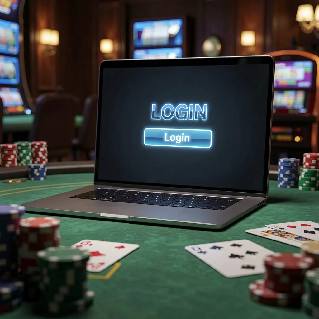 Modern laptop on a casino table with poker chips and cards showing the 9M999 login screen for fast and secure access in Bangladesh