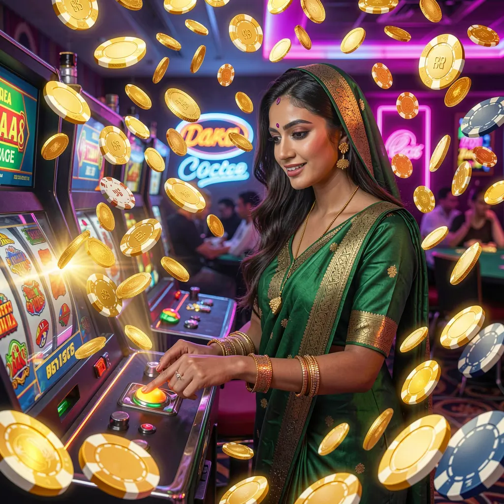 A luxury slot machine surrounded by golden coins inside a neon casino atmosphere showcasing the premium gaming experience of 9M999 for players in Bangladesh